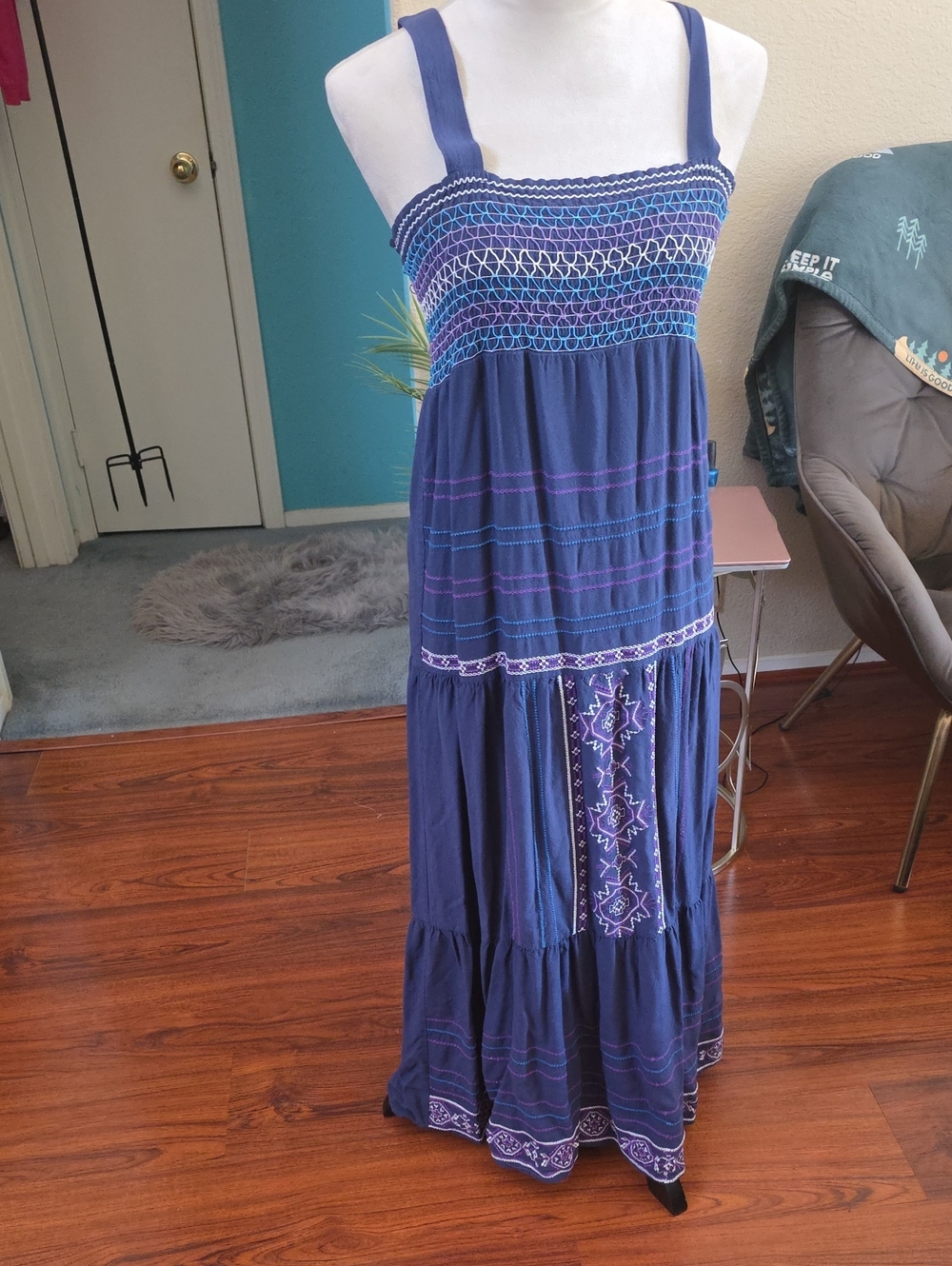 Forever 21 Navy Blue Embroidered Smocked Maxi Dress